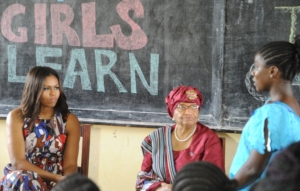Michelle Obama visits Liberia to promote 'Let Girls Learn' and encourage girls education.